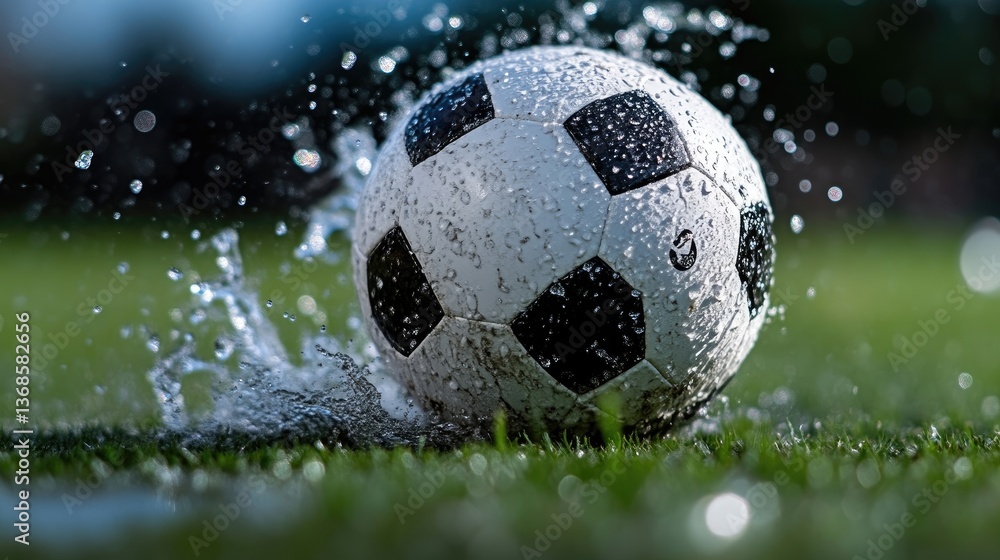 Fototapeta premium Soccer ball wet with water splashing on grassy field