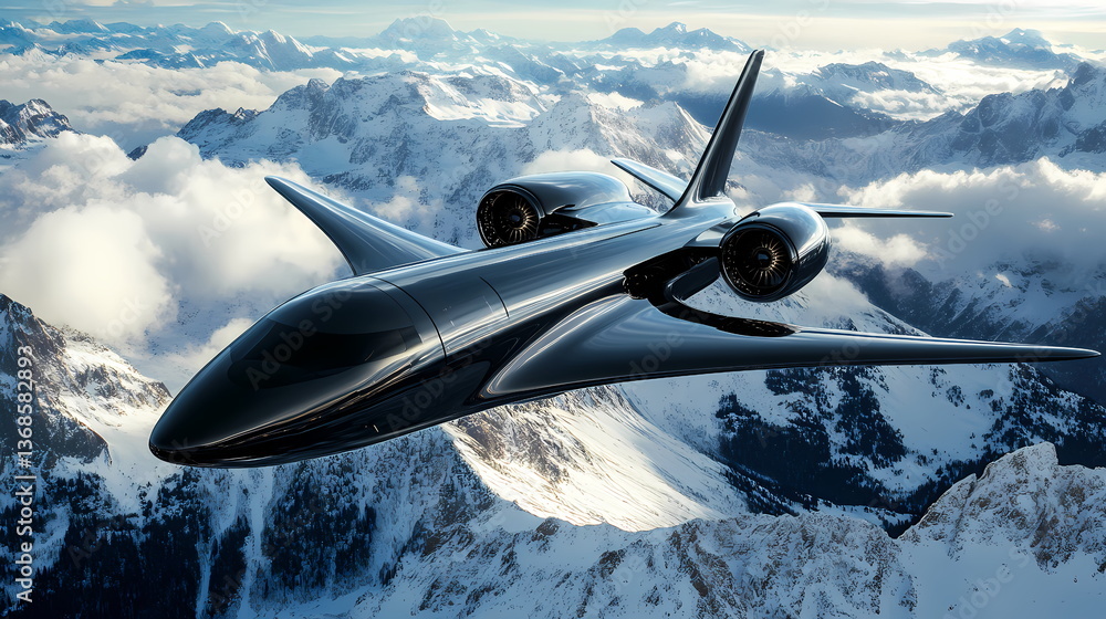 Fototapeta premium Futuristic business jet flying over snowy mountains at sunset