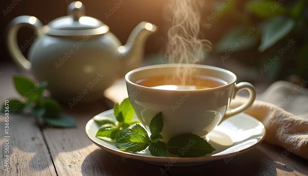 Cup of steaming mint tea with fresh leaves, in a calm environment and soft natural light. Cup of steaming mint tea with fresh leaves, in a calm environment and soft natural light.