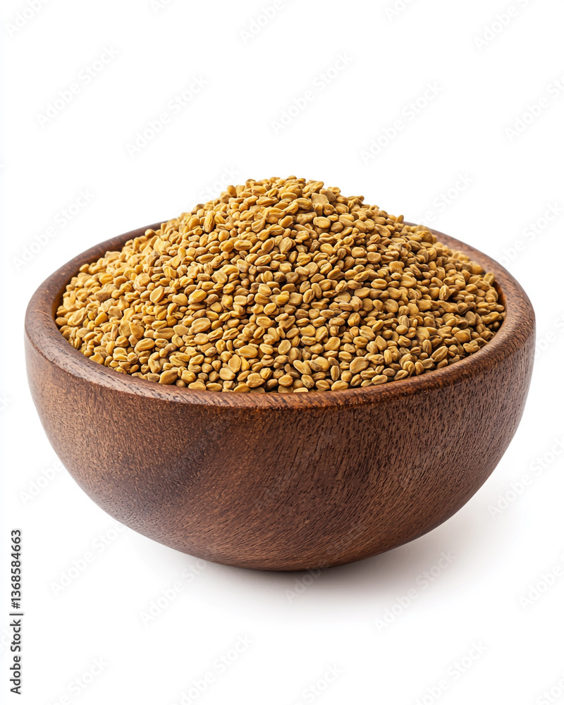 Fenugreek Tea in a Wooden Bowl, Isolated on a White Background Fenugreek Tea in a Wooden Bowl, Isolated on a White Background