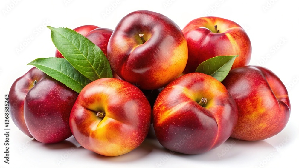 A Delicious Pile of Ripe Nectarines with Lush Green Leaves A Delicious Pile of Ripe Nectarines with Lush Green Leaves