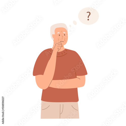 Elderly man experiencing confusion, memory loss, thinking with a puzzled expression and question mark. Alzheimer disease dementia concept. Male person solving problem, making decision. Vector.