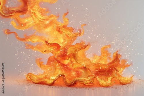 A fiery dance of incandescent orange and gold flames, swirling and sparkling against a pale grey backdrop.