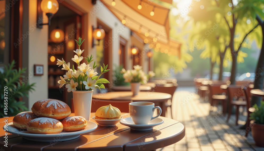 Cozy café table with pastries and coffee against sunlit background Cozy café table with pastries and coffee against sunlit background