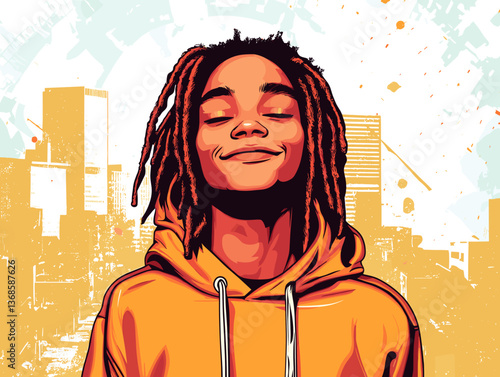 Smiling Black teenage boy with dreadlocks enjoying a moment in a vibrant urban setting