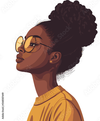 Shy teenage girl with big curly hair wearing stylish glasses poses thoughtfully against a simple backdrop