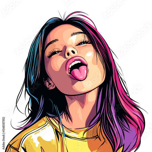 Playful young woman expressing joy with a funny face and colorful hair in a cheerful atmosphere