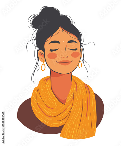 Joyful Indian woman smiling warmly while wearing a vibrant scarf in a sunny outdoor setting