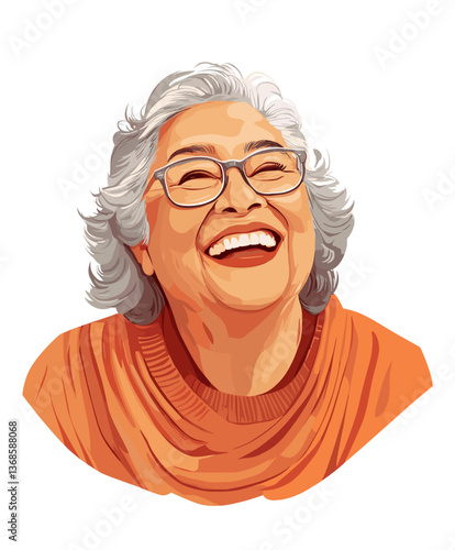 Joyful Latina grandma laughing heartily, exuding warmth and happiness in a cozy setting