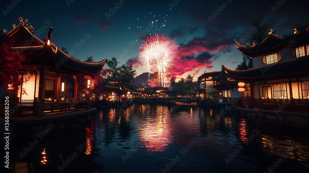 Obraz premium Asian Village Fireworks Display at Dusk