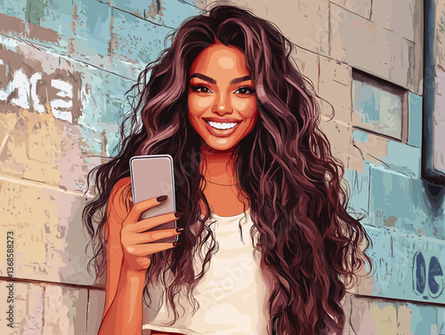 Happy Latina girl enjoying a sunny day while holding her smartphone in front of a colorful urban wall