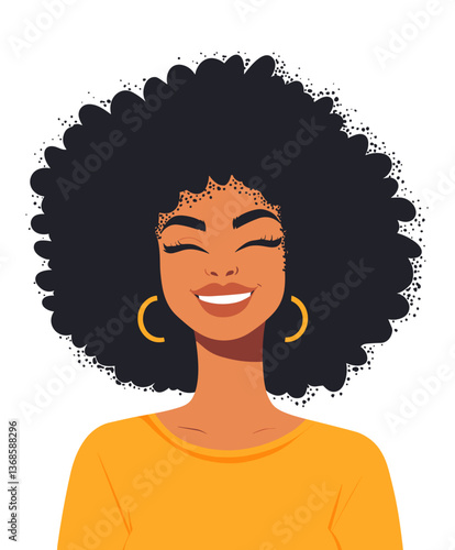Happy Black woman with an afro radiates joy and positivity in a vibrant setting during daylight hours
