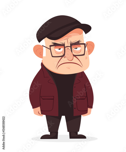 Grumpy old European man frowning humorously in a casual setting during daytime