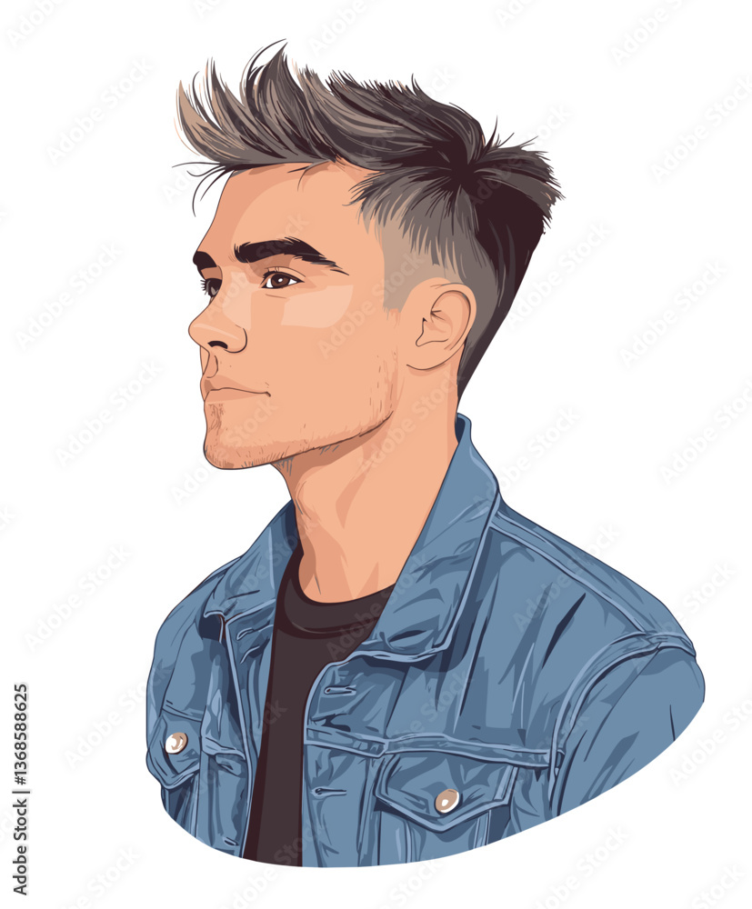 Confident young European man with trendy hairstyle wearing denim jacket and displaying relaxed demeanor Confident young European man with trendy hairstyle wearing denim jacket and displaying relaxed demeanor