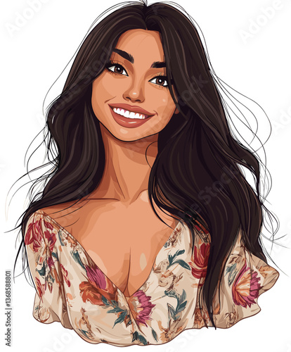 Cheerful Latina young woman with long dark hair smiling while wearing a floral outfit against a simple background