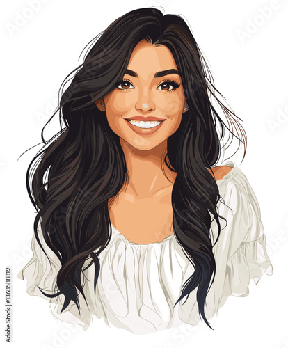 Cheerful young Latina woman with long dark hair smiling warmly against a simple white background