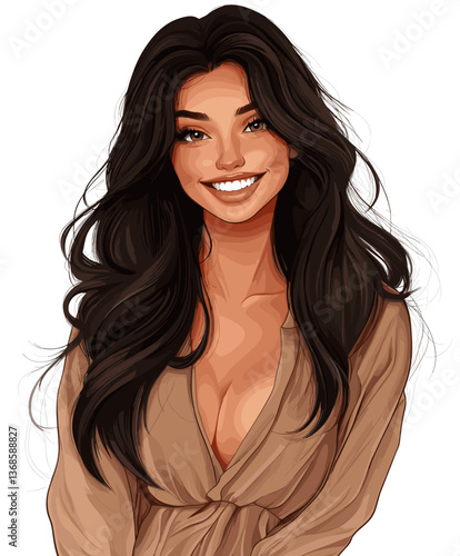 Cheerful young Latina woman with long dark hair smiles warmly while dressed in a stylish outfit at a sunny outdoor gathering