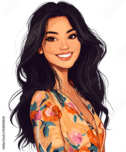 Cheerful young Latina woman with long dark hair enjoys a sunny afternoon at a floral cafe while smiling warmly