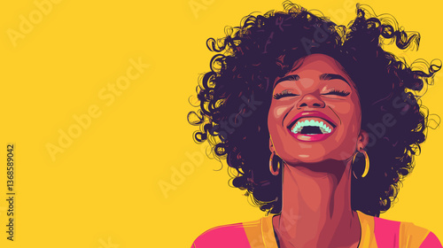 Cheerful African-American woman with curly hair smiles brightly against a vibrant yellow backdrop