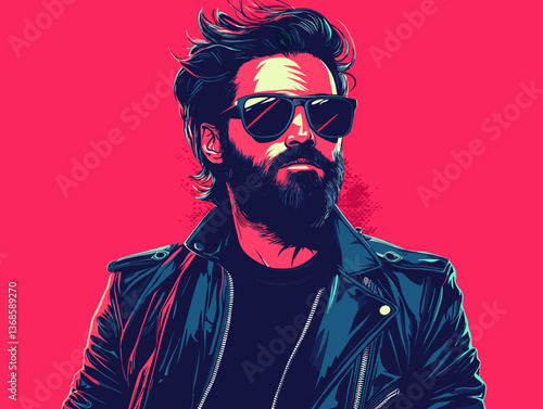 Stylish Middle Eastern man in sunglasses and leather jacket stands confidently against a vibrant background