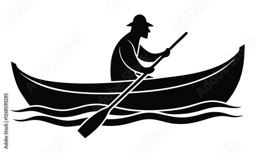A Canoe silhouette boat, A man kayaking silhouette vector illustration