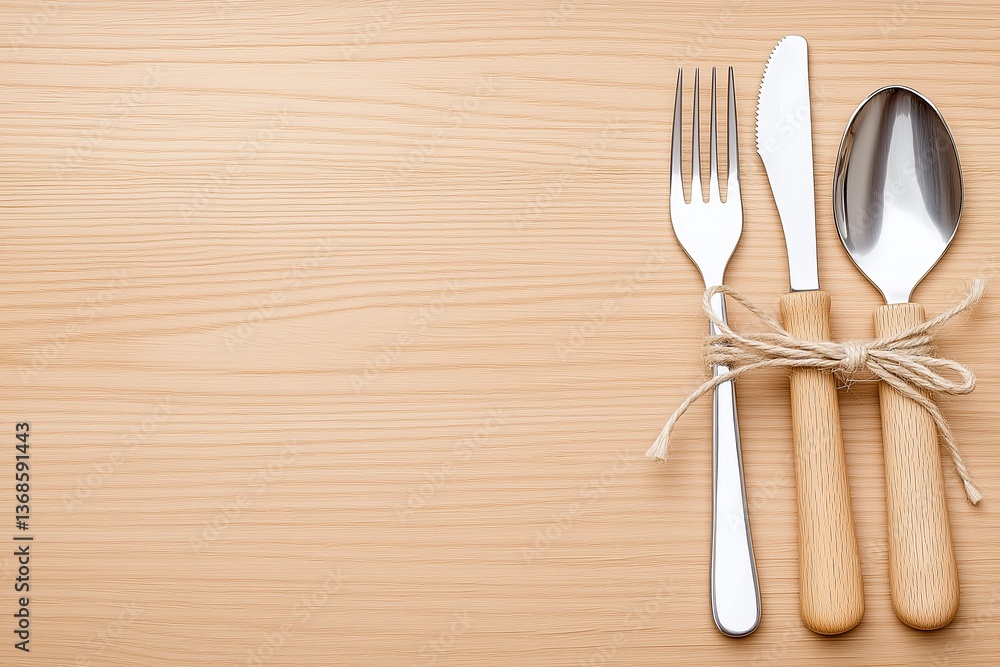Wooden handled cutlery set on natural wood surface Wooden handled cutlery set on natural wood surface