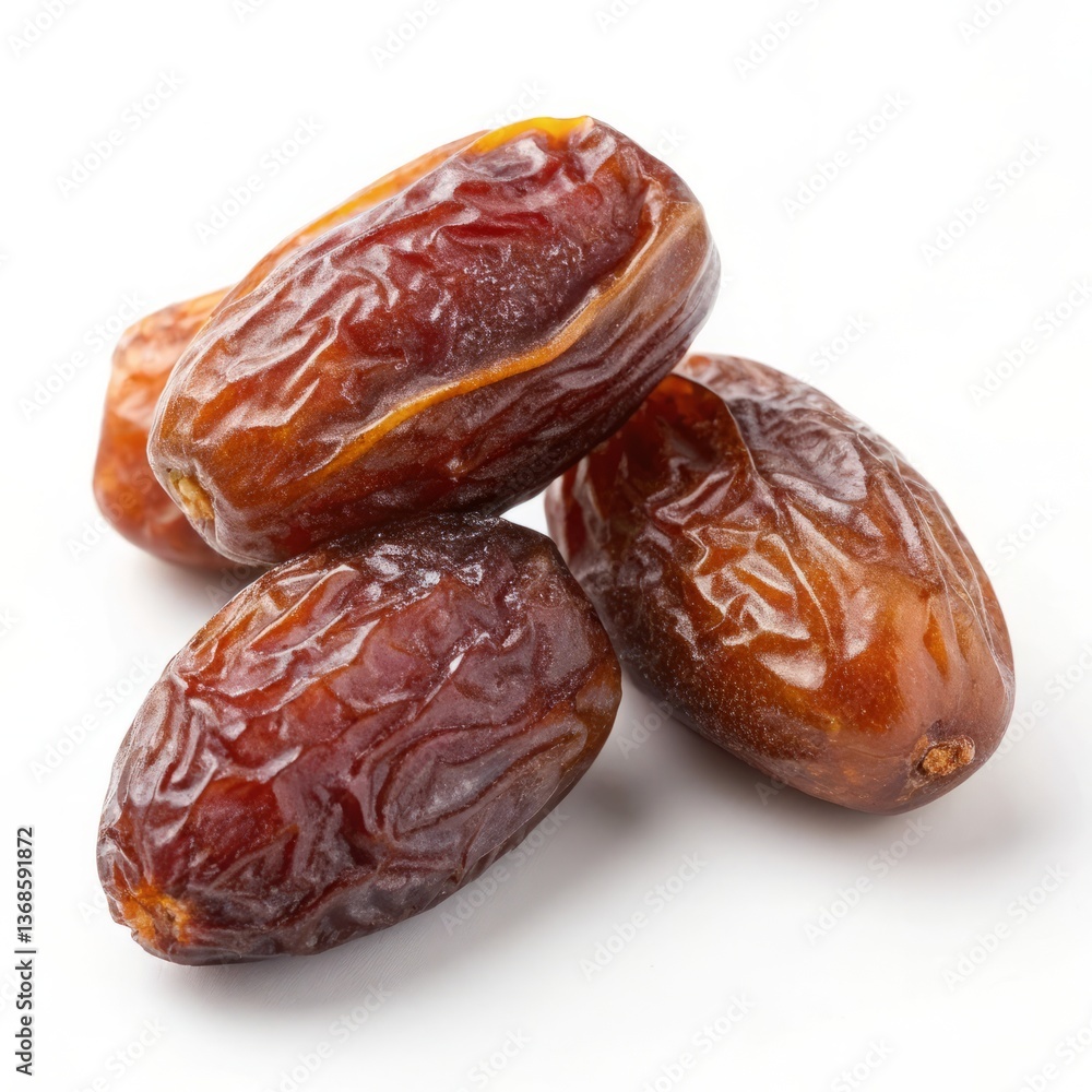 A trio of plump, sun-ripened dates, their rich brown skin hinting at sweetness and the promise of a delightful taste, showcased against a stark white background. A trio of plump, sun-ripened dates, their rich brown skin hinting at sweetness and the promise of a delightful taste, showcased against a stark white background.