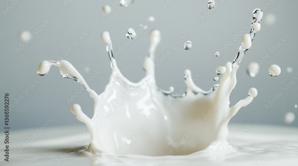 A close up shot of a splash of milk with droplets suspended in the air on a plain background A close up shot of a splash of milk with droplets suspended in the air on a plain background