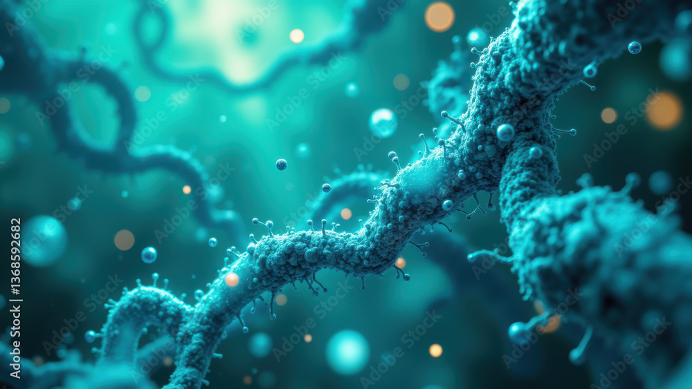 Fototapeta premium NAD+ Supplement Image - Molecular Structure with Blue Fluorescent Bubbles