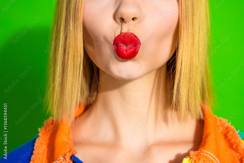 Fototapeta premium Close-up of a woman's red lips making a kissing gesture with a vibrant green background and colorful clothing