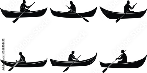 Set of Canoe silhouette boat, A man kayaking silhouette vector illustration