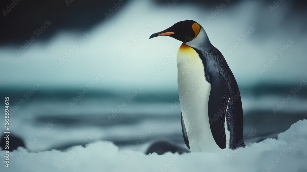 Fototapeta premium A regal king penguin stands alone on an icy Antarctic landscape