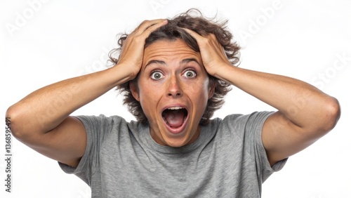 A woman's gasp of shock and disbelief, hands flying to her head in a moment of utter surprise, captured in a bright, close-up shot.