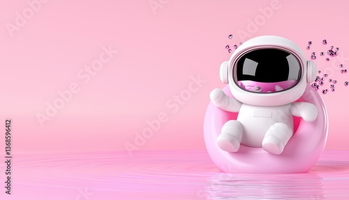 A cute astronaut figure relaxes in a pink inflatable ring against a pastel background.