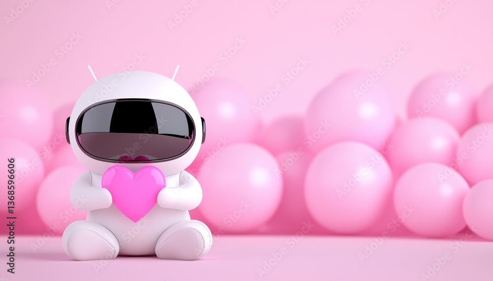 A cute robot holding a heart amidst pink balloons, symbolizing love and technology. A cute robot holding a heart amidst pink balloons, symbolizing love and technology.