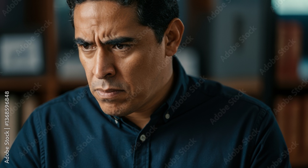 Obraz premium Serious hispanic adult male deep in thought indoors