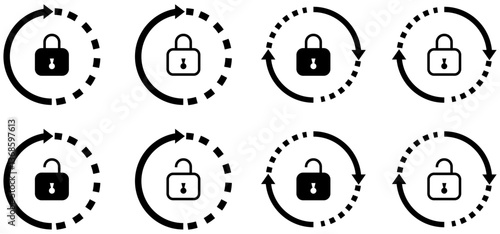 reset password lock round with arrow icons symbol vector design black white color simple illustration set