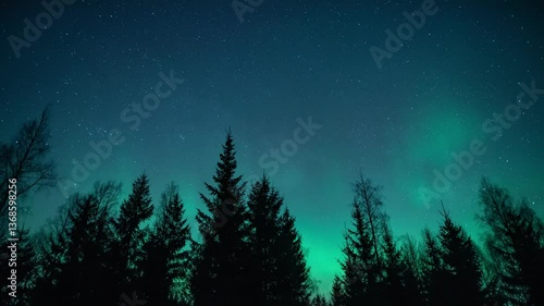 Timelapse of aurora borealis over the forests in early spring in Pirkanmaa, Finland