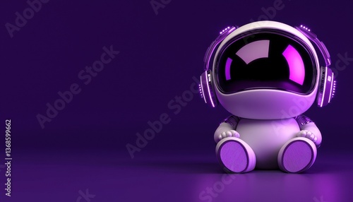 A cute, futuristic astronaut toy with purple accents in a minimalistic setting.