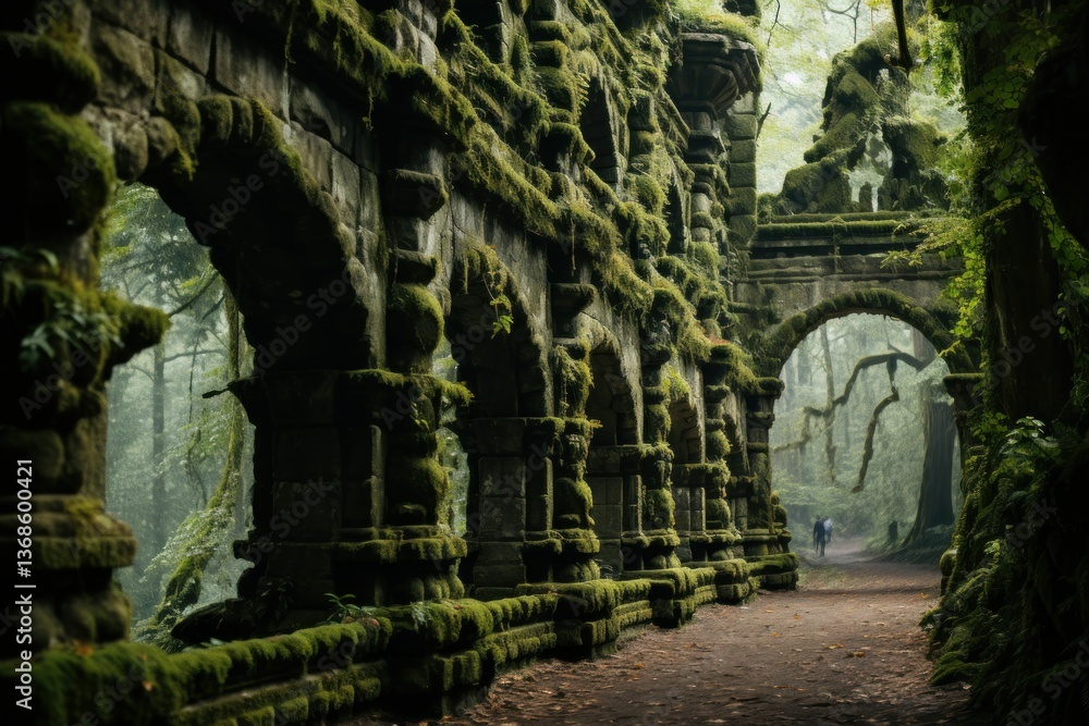 Naklejka premium Mossy stone ruins path forest mystery