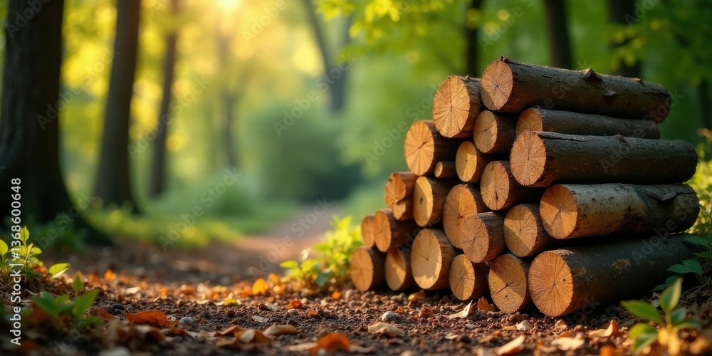 Golden Hour Lumber Stack in a Verdant Forest Path Golden Hour Lumber Stack in a Verdant Forest Path