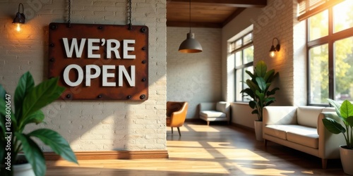 Rustic Industrial Interior Design Welcoming Customers with a Warm and Inviting Open Sign