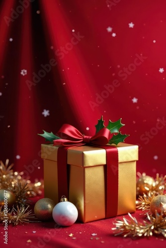 A Festive Gold Gift Box with Red Ribbon and Holly on Red Fabric with Ornaments