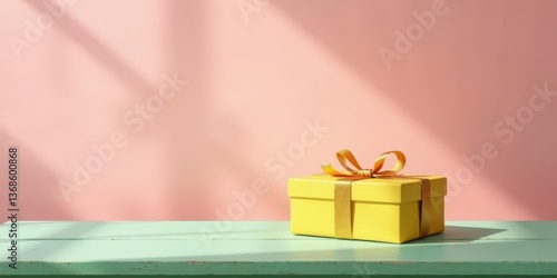 A cheerful yellow gift box with a golden ribbon sits on a pale green wooden surface, bathed in soft sunlight against a delicate pink backdrop.