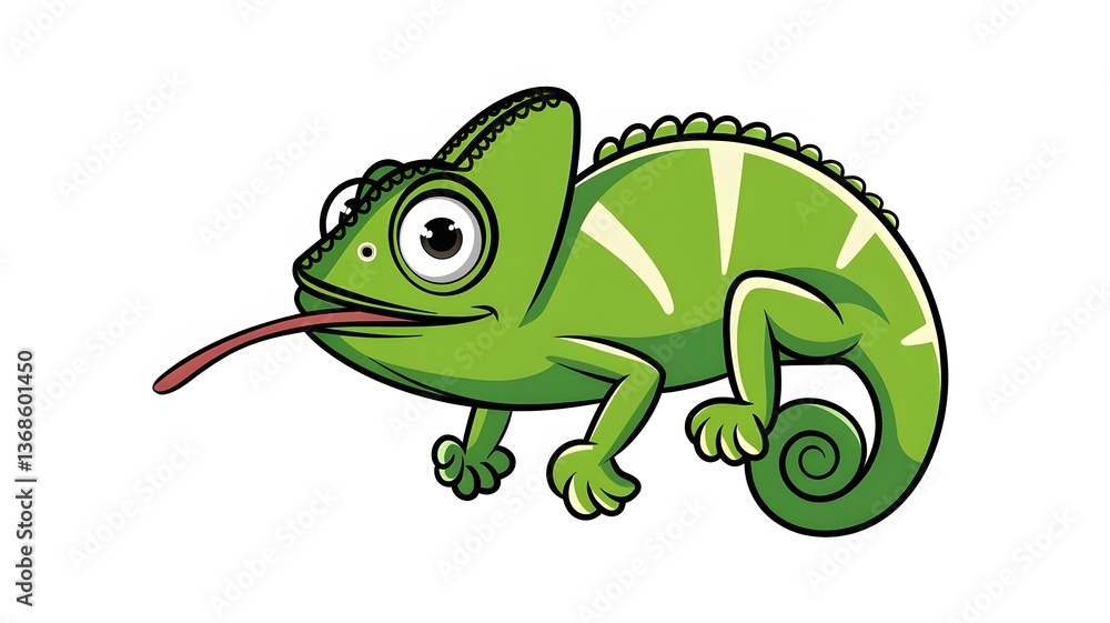 Fototapeta premium Cartoon Green Chameleon Highlighting Dynamic Tongue Action
