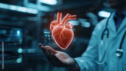 A medical professional displays a holographic heart, symbolizing advancements in healthcare technology and cardiac studies.