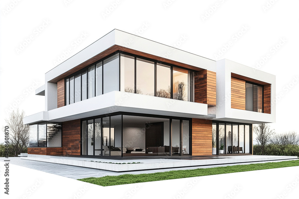 Modern house with large windows and wooden accents on white background Modern house with large windows and wooden accents on white background