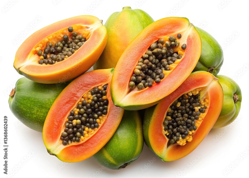 A Collection of Ripe and Unripe Papayas Halved and Whole Showing Seeds and Flesh A Collection of Ripe and Unripe Papayas Halved and Whole Showing Seeds and Flesh