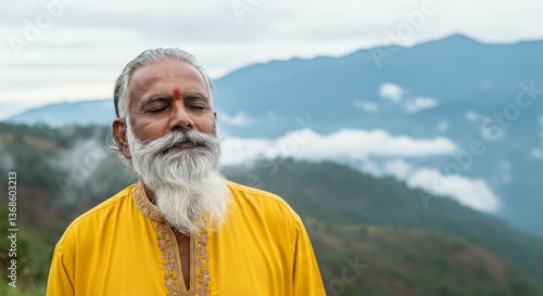 Elderly asian male meditating in yellow attire against mountainous landscape