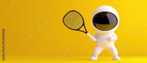 A playful astronaut character holding a tennis racket on a bright yellow background.